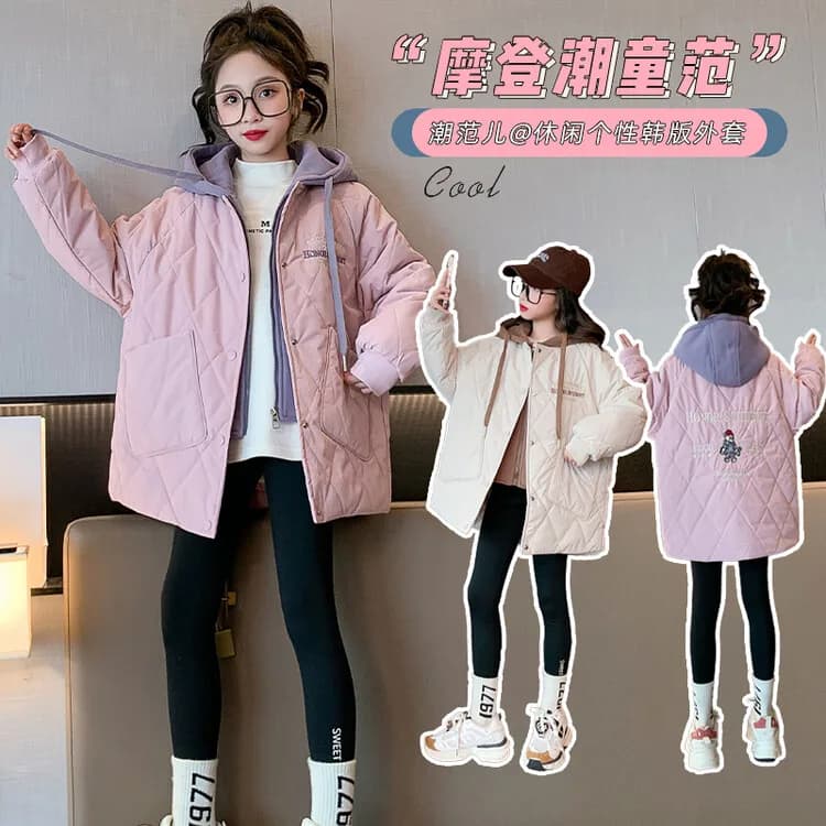 4-14Y Korean Winter Teenager Girl Hooded Cotton Jacket Elementary Girl Fake Two Pieces Outwear Junior Girl Color Blocking Coat