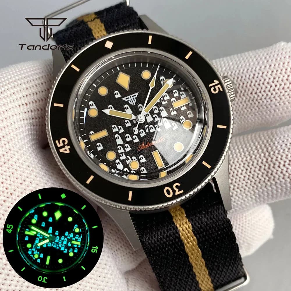 Tandorio 40mm 50-Fathoms Style Orologio meccanico con zaffiro a cupola per uomo Automatico Miyota 8215 Movt 20ATM Diver Verde luminoso