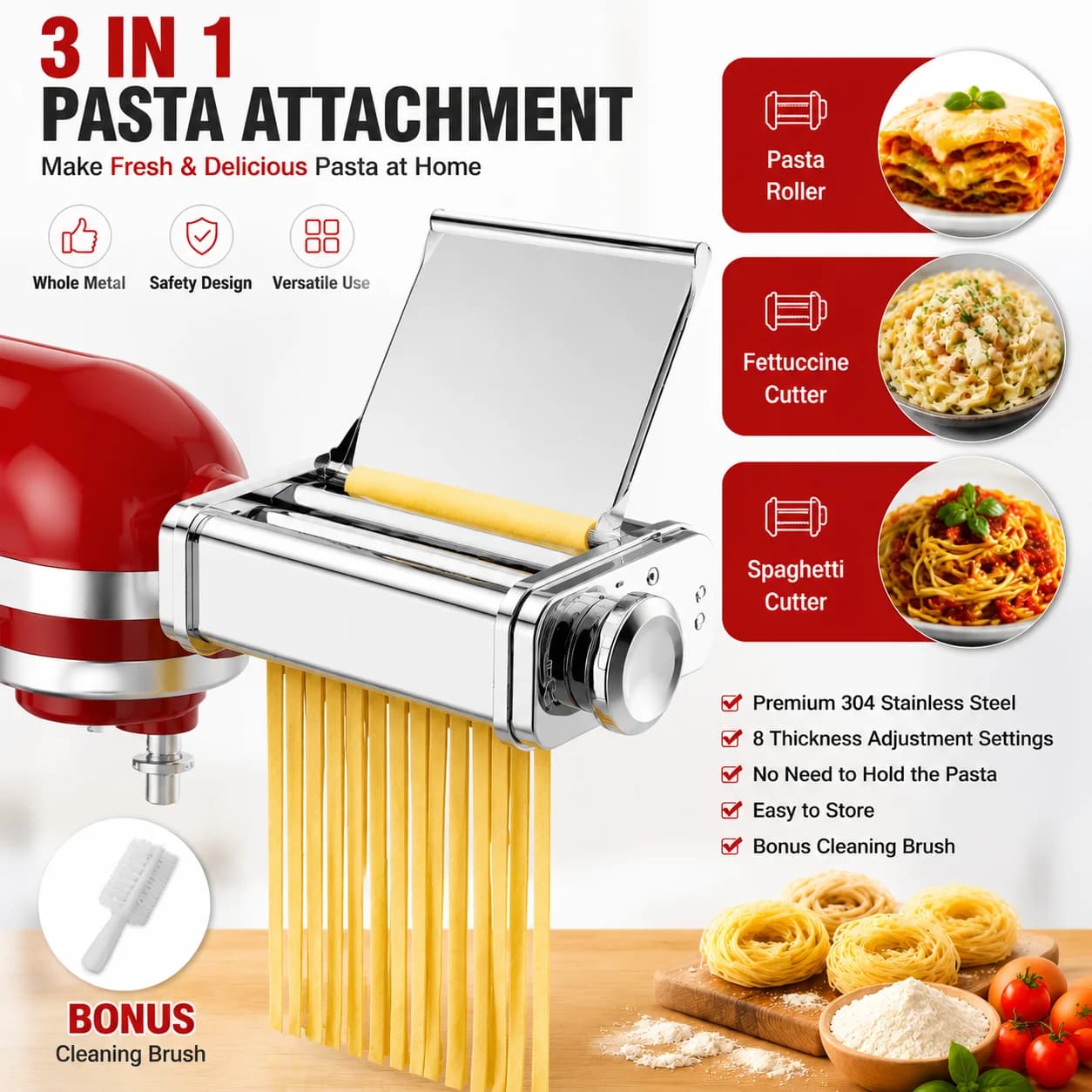 Accessorio per Pasta 3 in 1 in Acciaio Inox per Mixer KitchenAid con Rullo e Tagliapasta per Spaghetti e Fettuccine, Grado Alimentare per Noodles