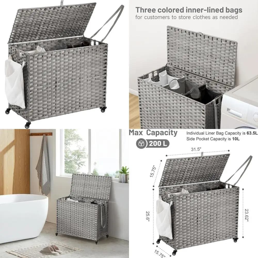 Cesto Portabiancheria con Ruote da 200L con Coperchio, 3 Fodere Rimovibili Colorate e 3 Sacchi in Rete, Grigio