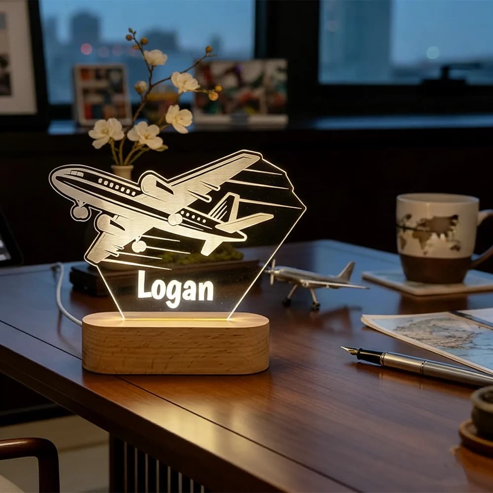 Luce notturna a forma di aereo, modello di aereo da collezione, luce personalizzabile con nome, regalo per il ritorno a scuola, regalo per gli appassionati di aviazione