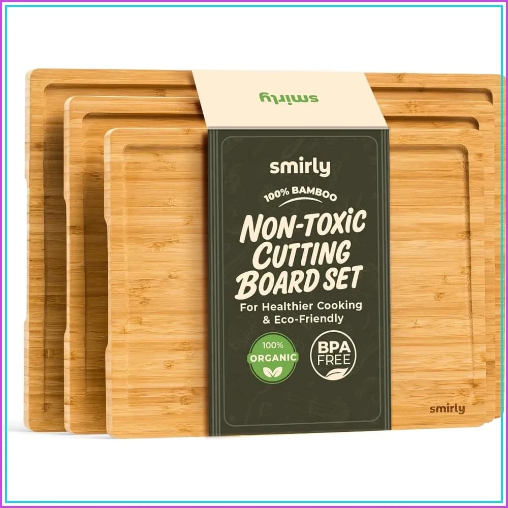 Natural Bamboo Cutting Board Set of 3 - Kitchen Chopping Boards with Juice Groove & Hidden Handle
