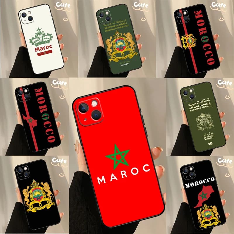 Cover per iPhone con Bandiera e Stemma del Marocco per modelli 16, 15, 14, 12, 11, 13, 17 Pro Max Plus, 12, 13 Mini, 16e, 17 Air - Scocca Posteriore
