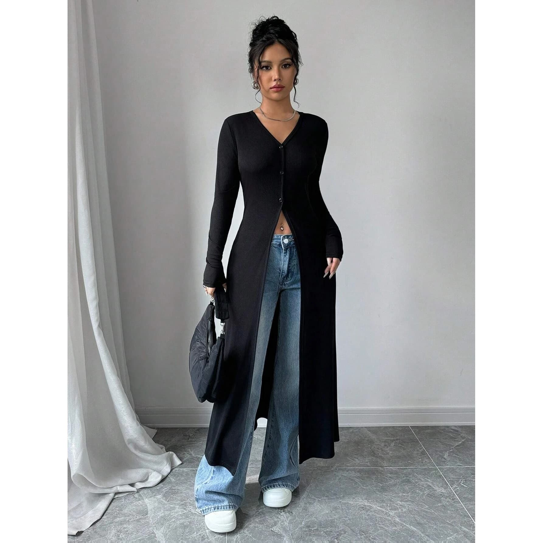 Elegant Pure Color Long Sleeve Button Cardigan Women's Slim Fit Top Autumn New Style plus Size V Neck Polyester Fiber Dress