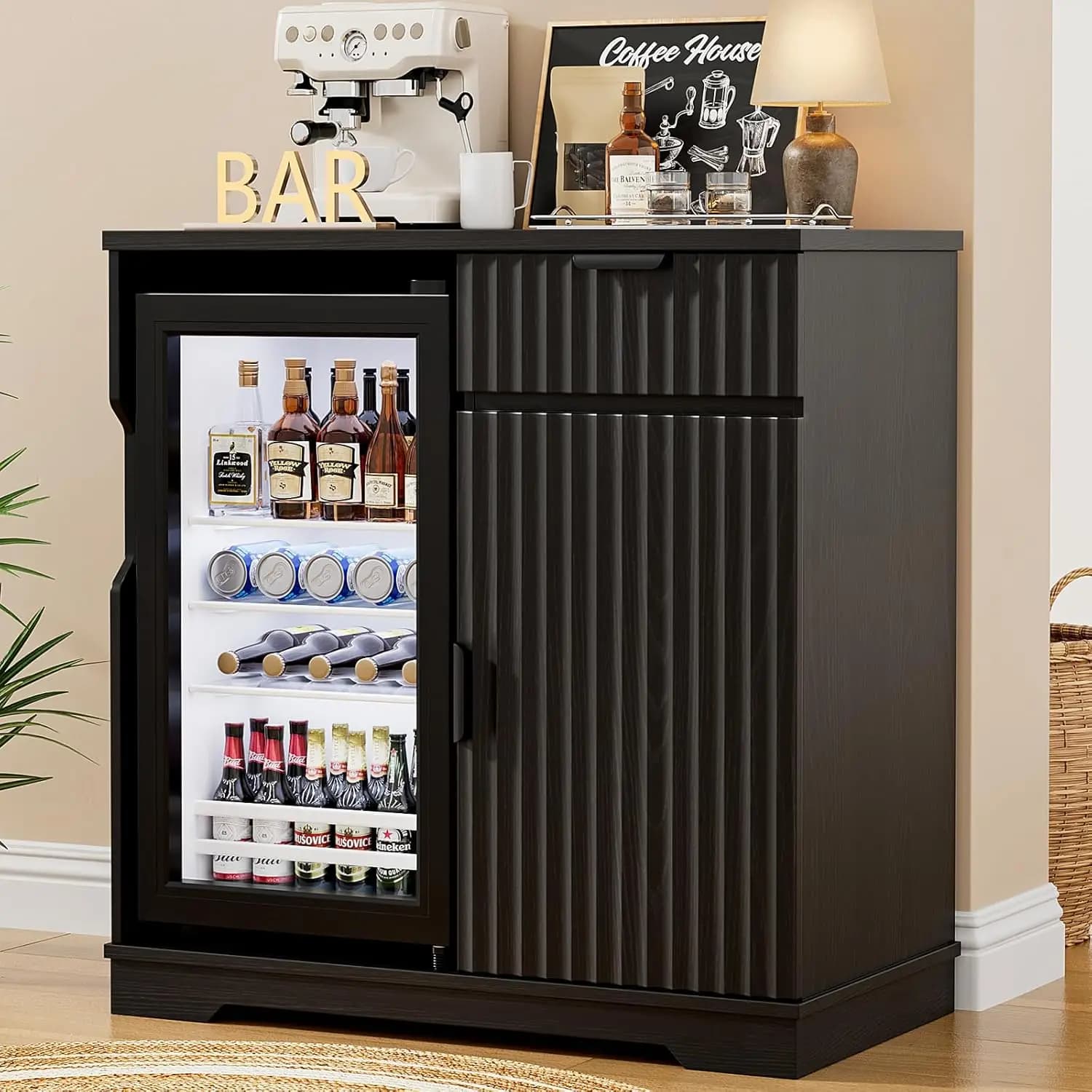 Armadietto da bar scanalato con frigorifero (frigo incluso), armadietto da bar da 47 pollici con portabottiglie e portabicchiere, armadietti per liquori