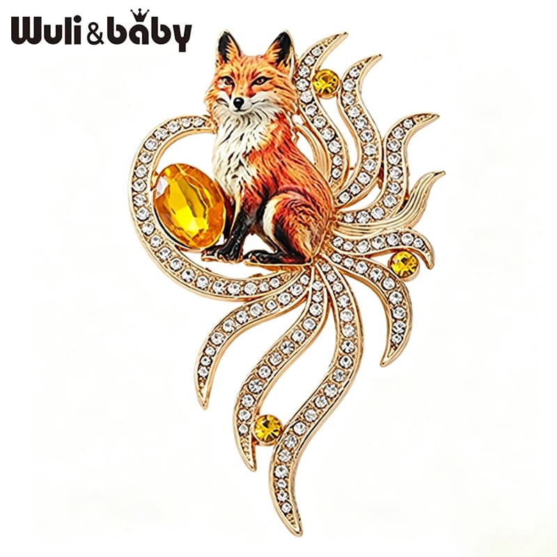 Wuli&baby Charming Fox Brooches 4-color Rhinestone Beautiful 9-tails Fox Spirit Party Casual Brooch Pin Gifts