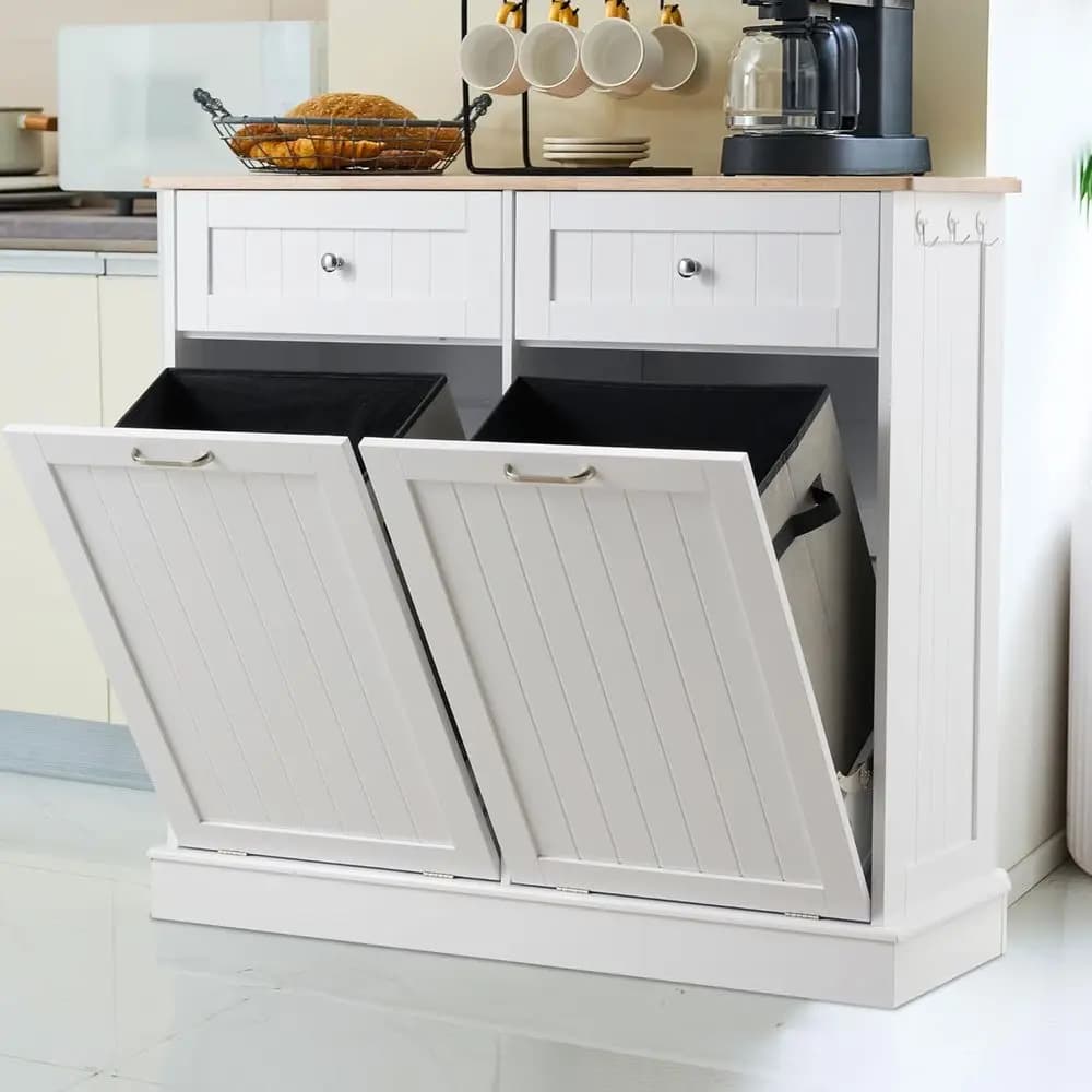 Mobiletto bianco con doppio cestino per la raccolta differenziata di cucina, soggiorno e bagno