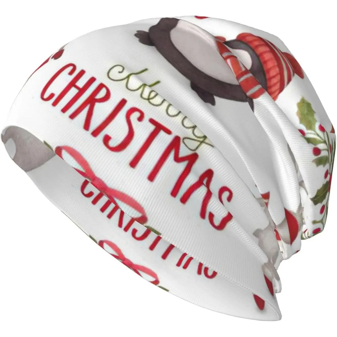 Adult Christmas Santa Claus Print Beanie for Men Women Warm Snug Hat Cap Warm Slouchy Hat Head Wear Present Black