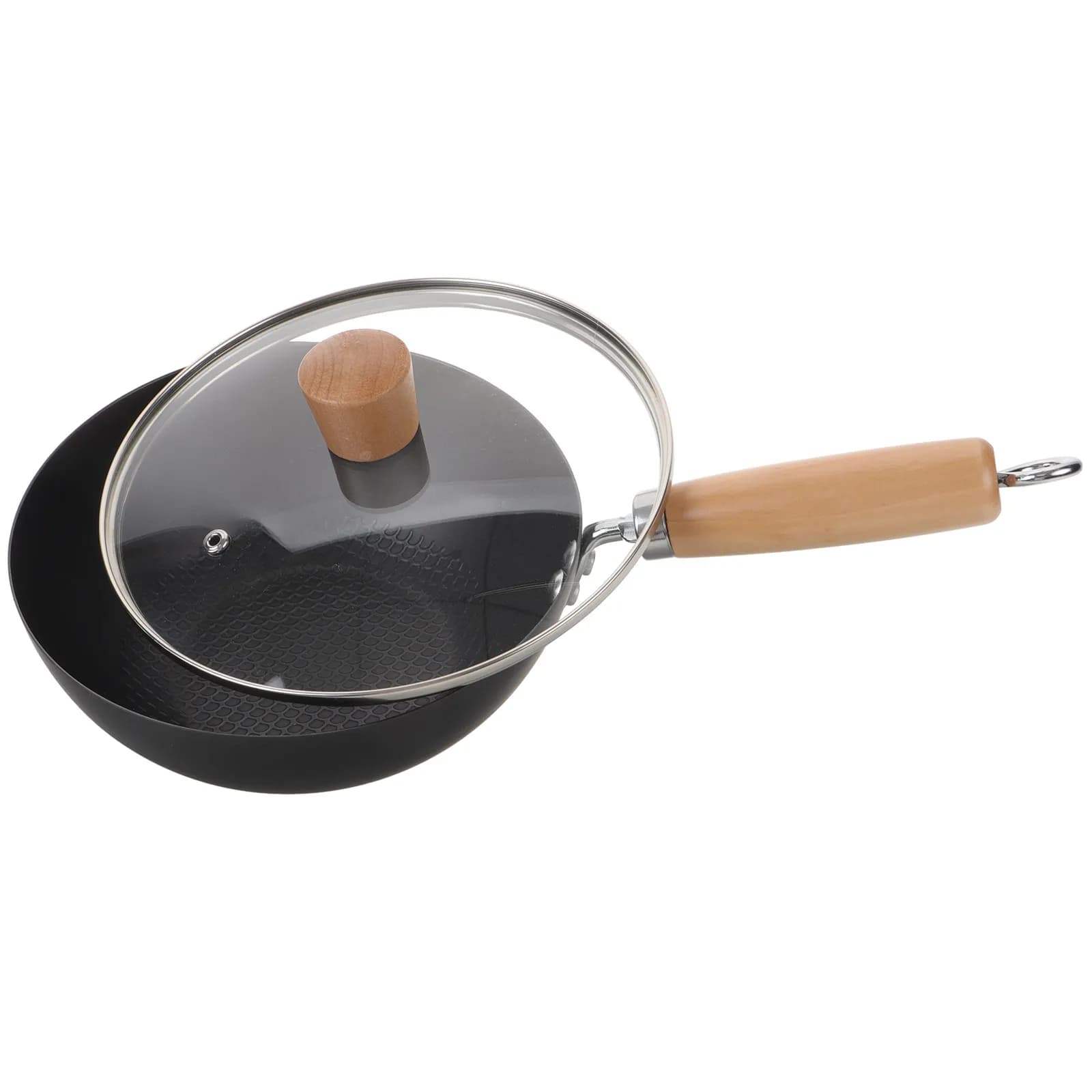 Small Wrought Iron Wok Pan with Lid Traditional Round Bottom Cooking Pot Non-Stick Kitchen Frying Pan for Stove