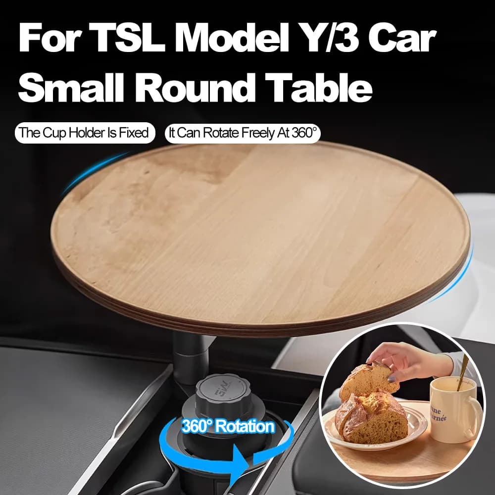 Vassoio per auto Scrivania per auto per laptop, 360 ° Tavolo portabicchieri girevole in legno, vassoio volante, compatibile con Tesla Model Y/3/S