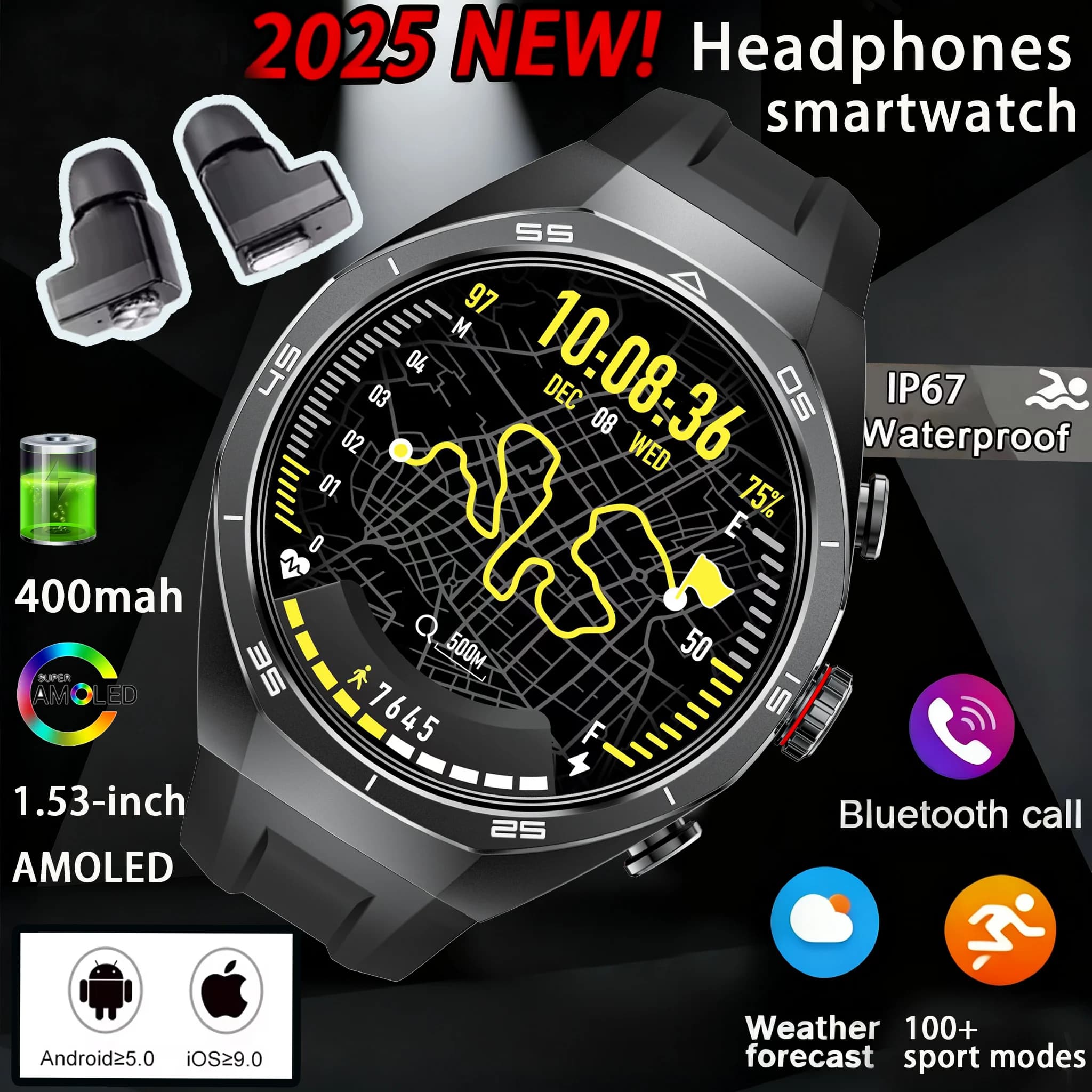 Smartwatch 2-in-1 TWS 2026 with Integrated Headphones, Bluetooth Calls, Cardiac Frequency Monitoring, Musical Reproduction, For Men and Women