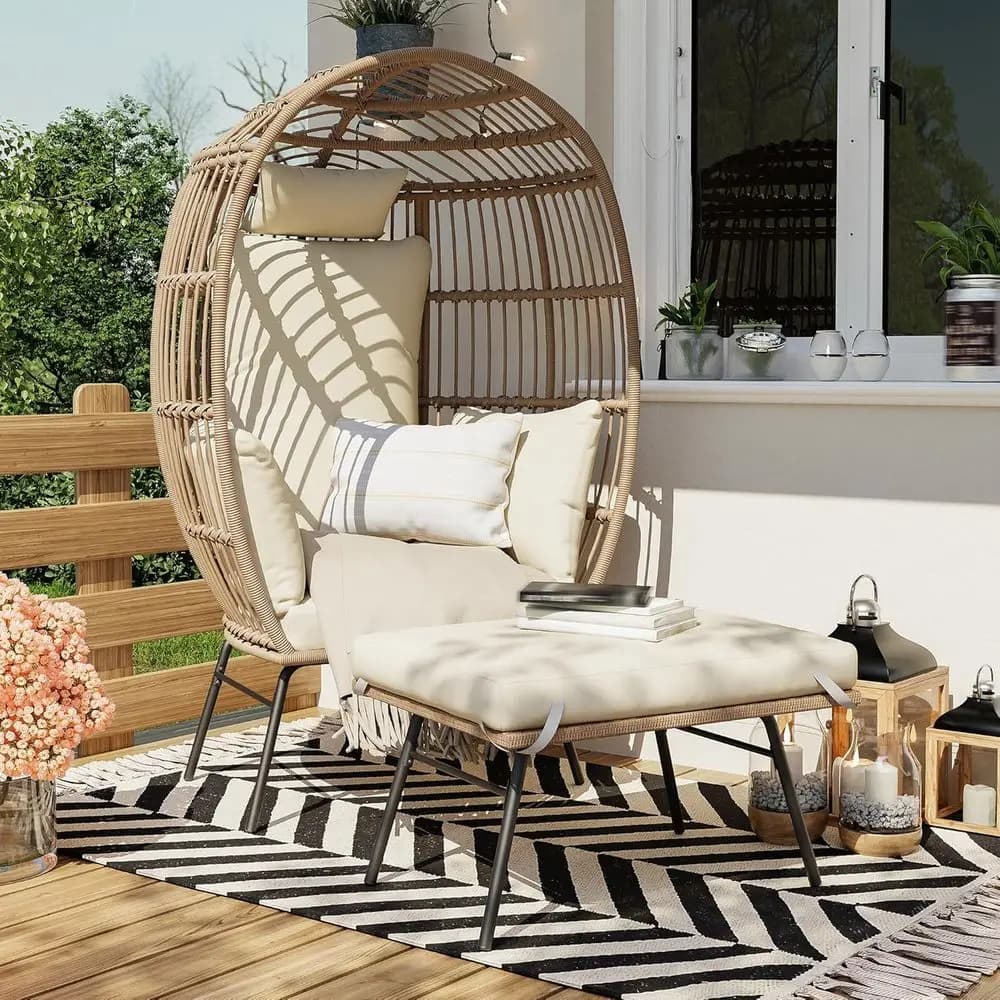 Large Wicker Egg Chair Set with Cushion, Outdoor/Indoor Rattan Lounger, Beige