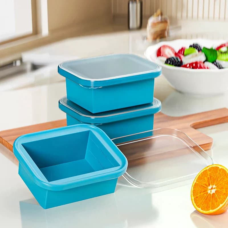 Vassoio per Congelamento in Silicone con Coperchio in Plastica, Contenitore per Freezer, Grandi Stampi per Ghiaccio, Facili da Sfogliare, Impilabili per Conservazione Alimenti e Preparazione Pasti