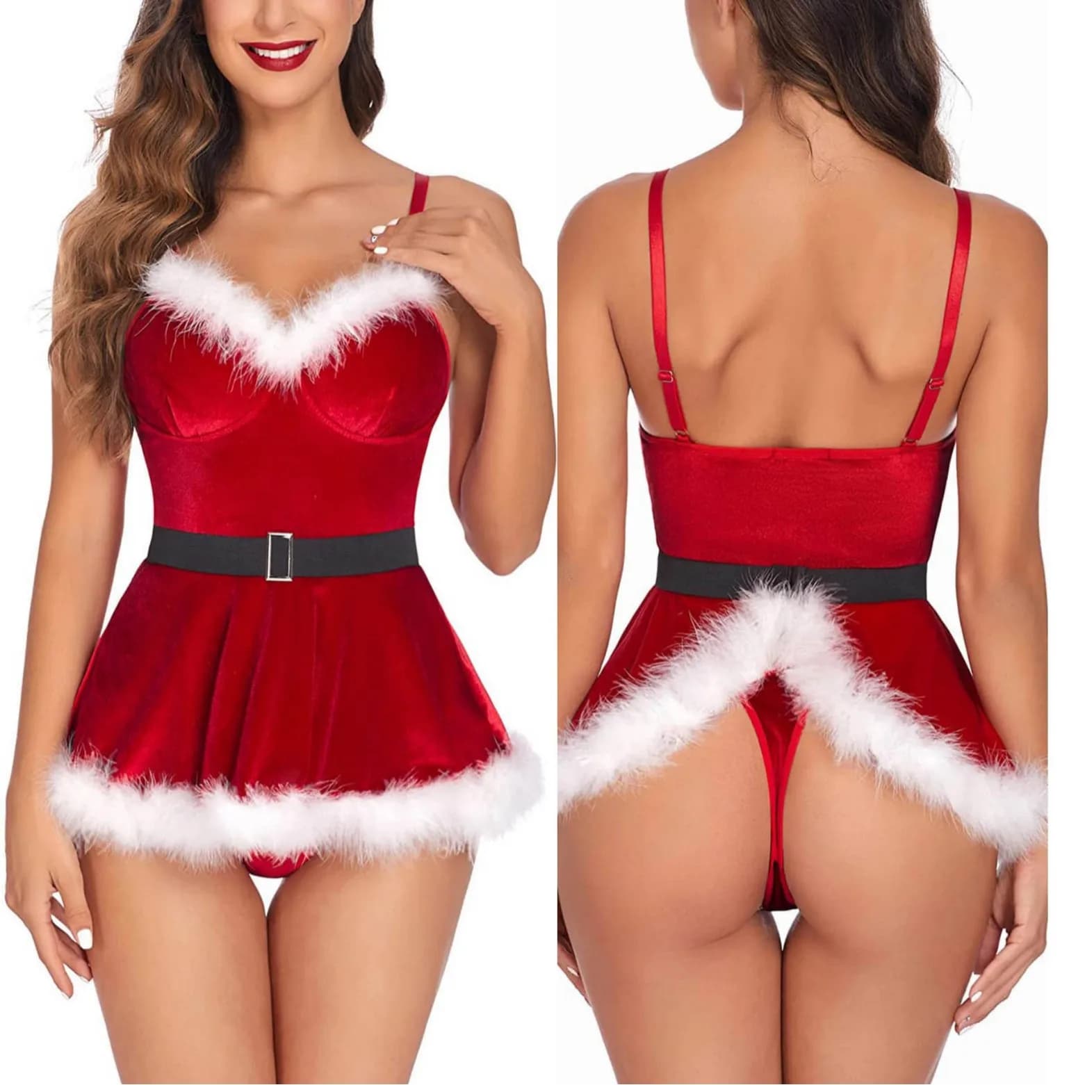 Women's Sexy Night Shirt Costume Cosplay Santa Claus Dress with Floral Lace Belt with Ribbon Lingerie.