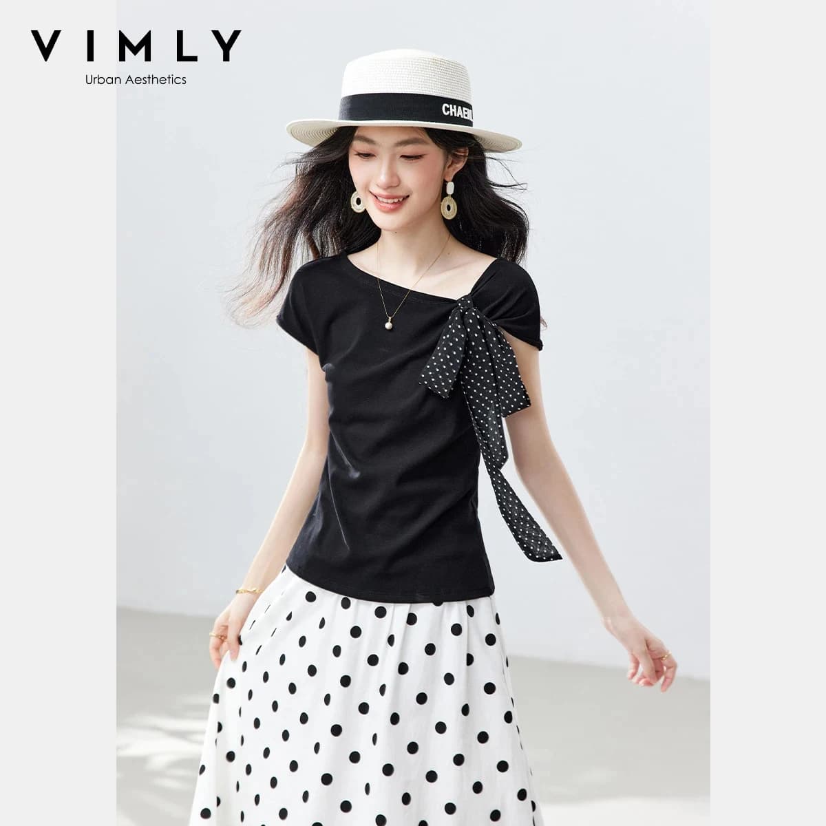 VIMLY T-shirt Nera Minimalista con Spalle Scoperte da Donna, Nuova Moda Estate 2026, Top Senza Maniche in Maglia con Sciarpa a Pois Staccabile A6535