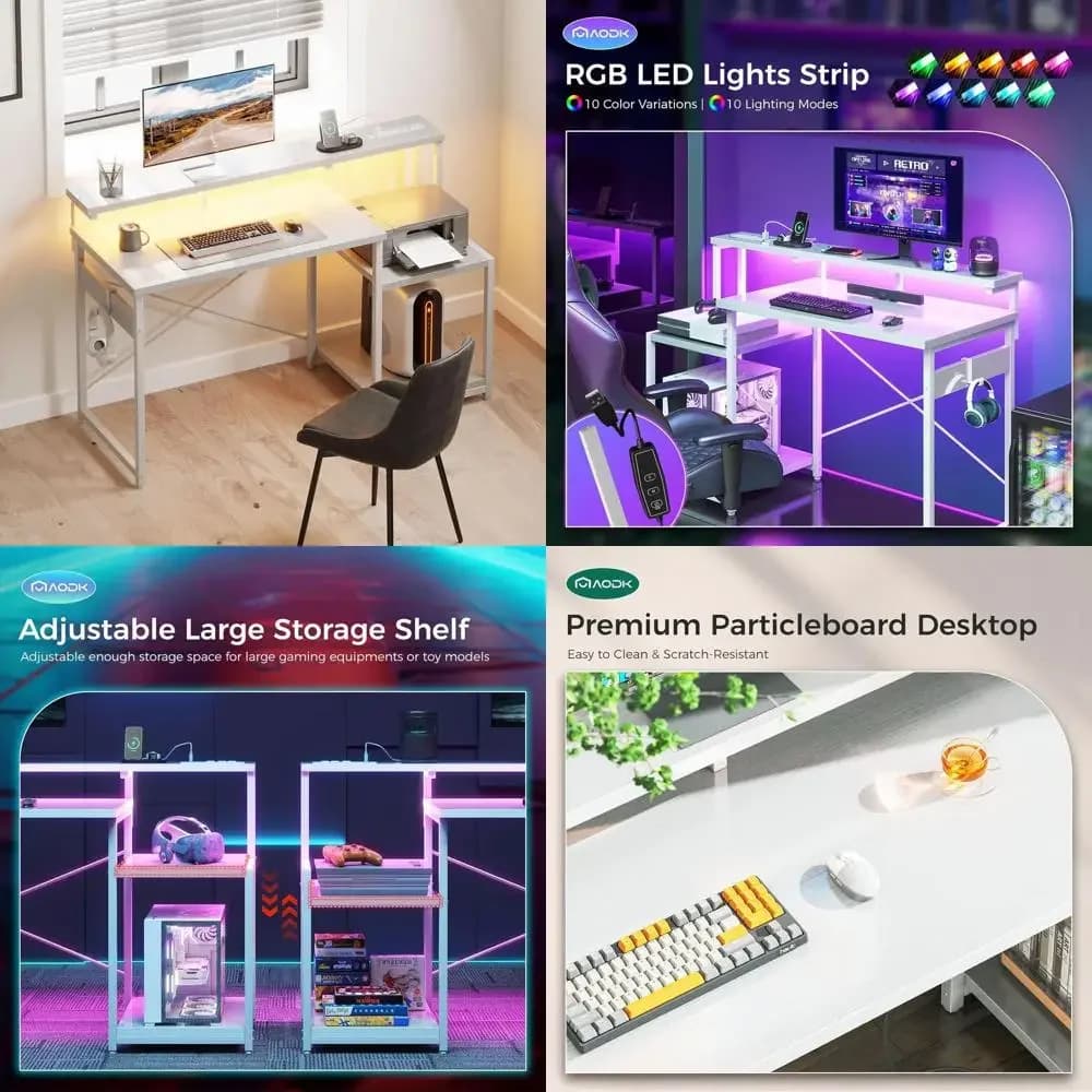 Scrivania da gioco a 48 LED con presa di corrente, archiviazione, supporto per monitor e gancio per cuffie, bianco