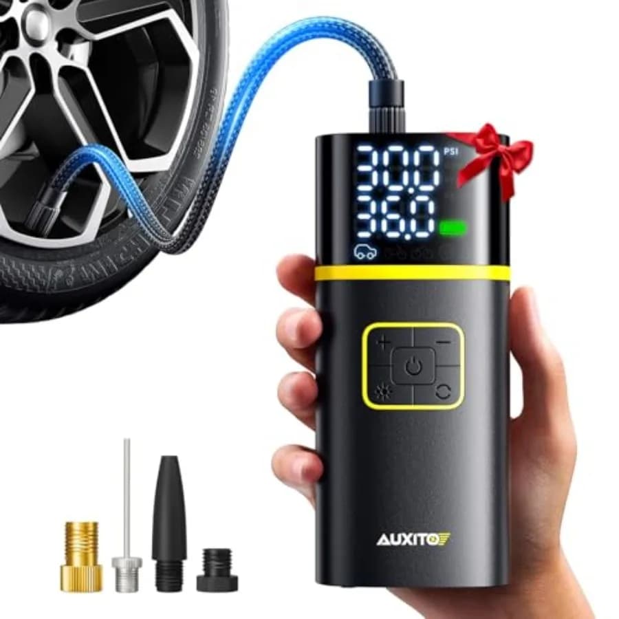 Compressore d'aria portatile AS1 per gonfiaggio pneumatici - Pompa per bici 150PSI con gonfiaggio rapido in 1 minuto, manometro e luce LED 5200 mAh per auto