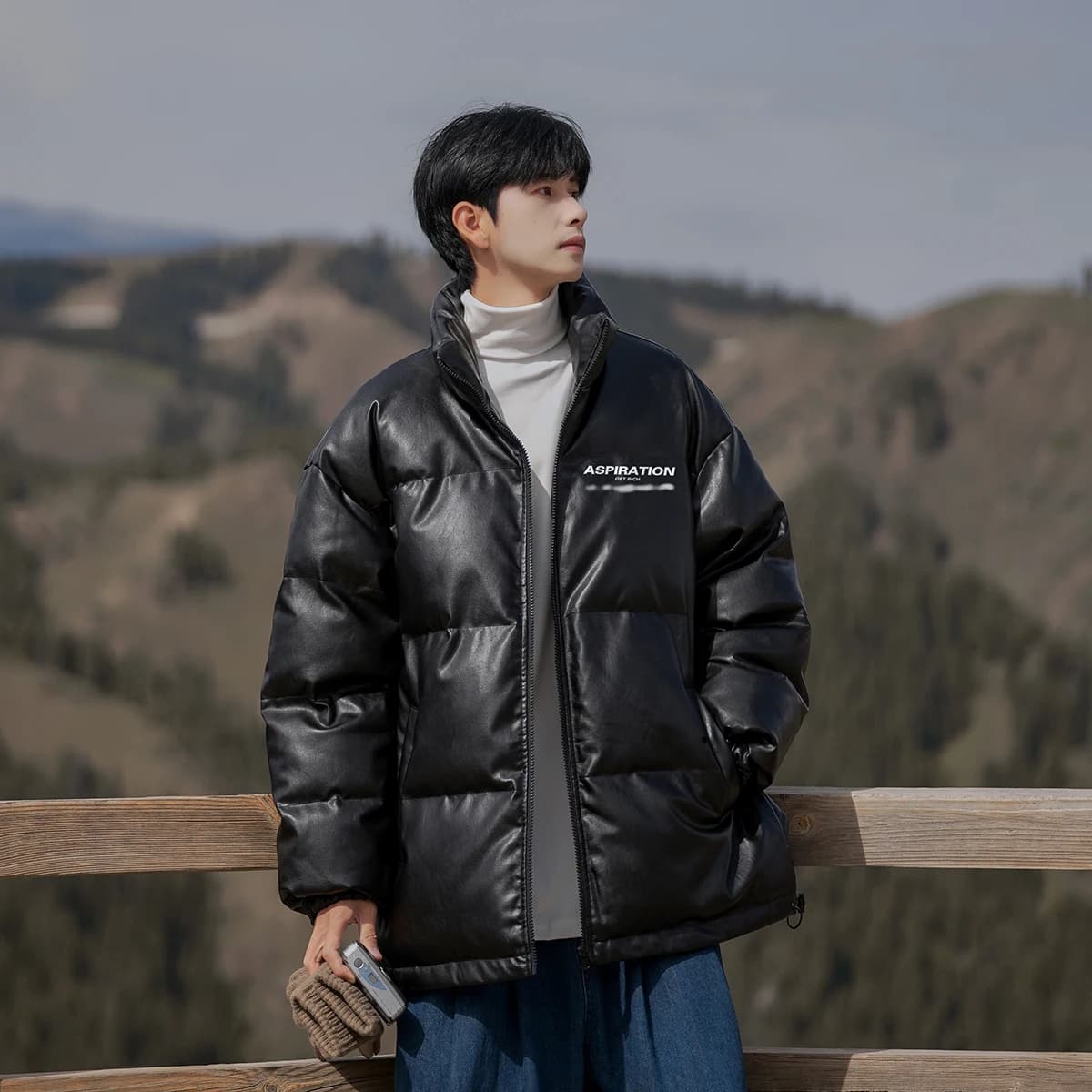 Giacca Invernale da Uomo in Pelle PU Imbottita, Collo Alto, Stile Puffer, Cappotto Lungo Casual alla Moda per Giovani