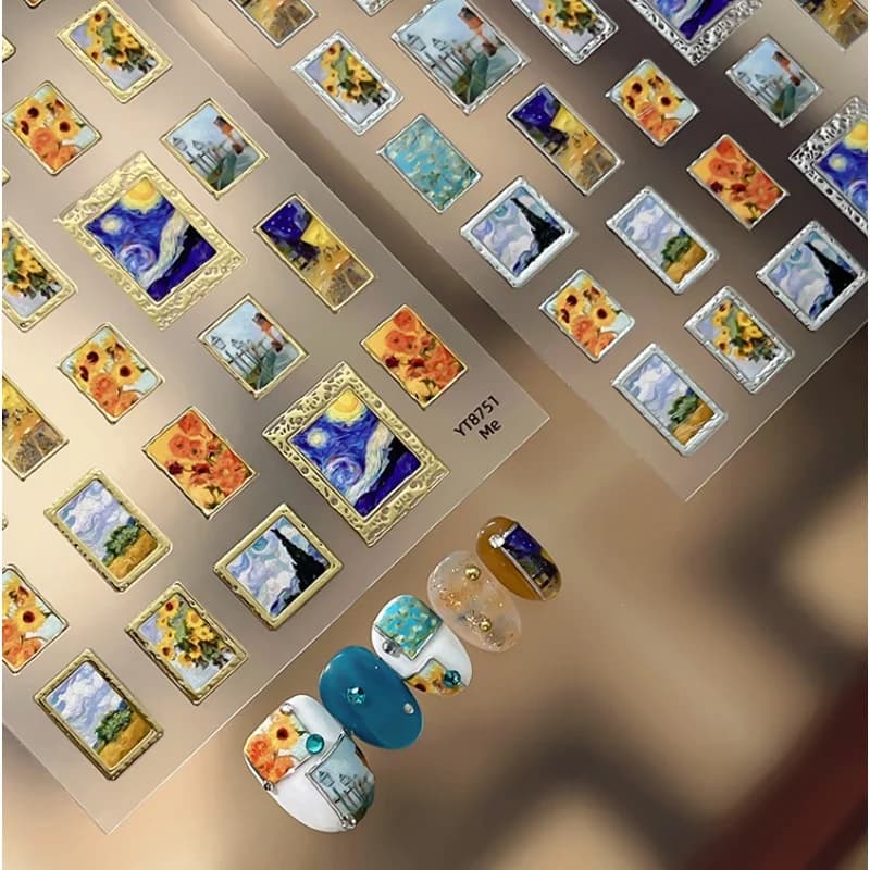 Retro Gold Stamped Frame Oil Painting Style Nail Stickers 5D Flower The Starry Night Nail Decals DIY 3D Artistic Manicure Decora