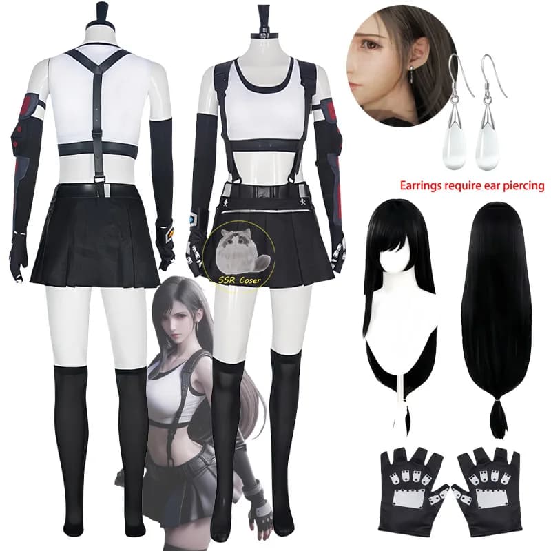 Costume Cosplay di Tifa Lockhart dal Gioco Final Fantasy, Parrucca, Gilet Bianco, Gonna Nera, Orecchini per Halloween, Completo per Donne