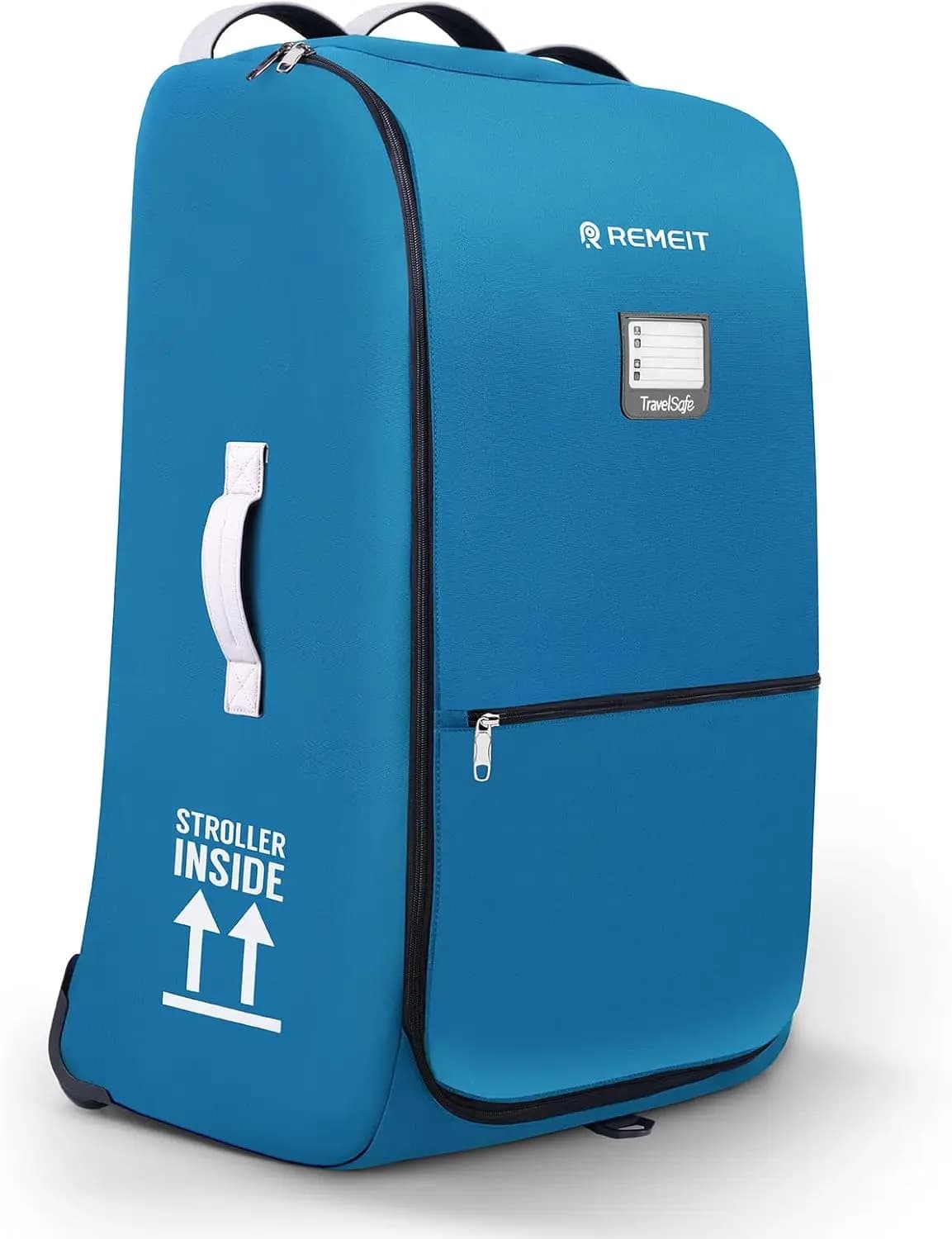 Borsa da viaggio per passeggino a forma di aeroplano con tasca portaoggetti, maniglie multiple e etichetta per bagaglio, compatibile con modelli popolari, blu