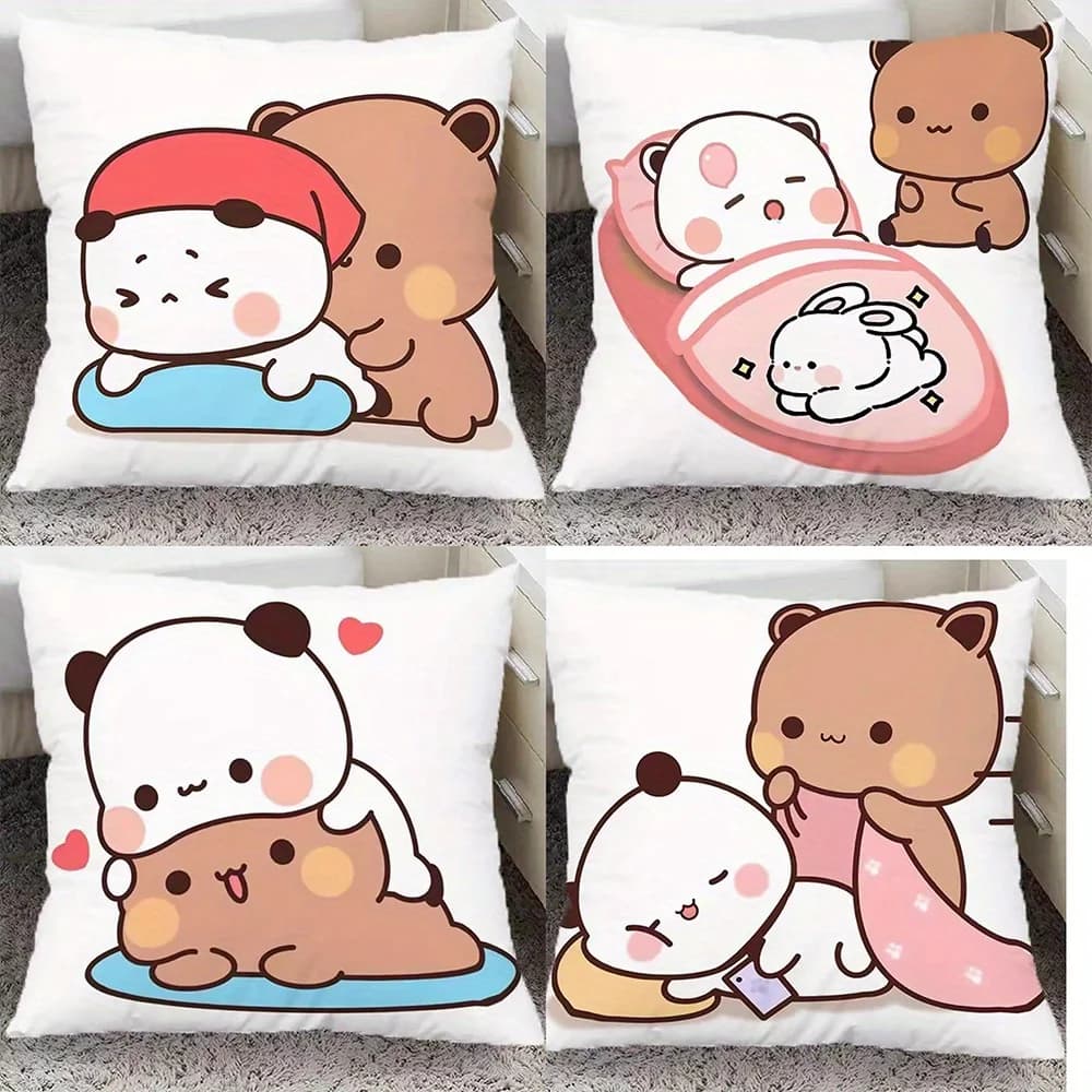 Bubu & Dudu Set di 2 fodere per cuscini – Simpatici panda e orso bruno che dormono, design a coppia di cartoni animati Kawaii per camera da letto o divano