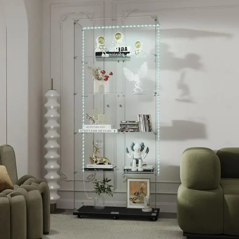 Vetrina in vetro temperato con strisce luminose a LED Bluetooth, contenitore per vino e file, porta con serratura, piano in vetro temperato, rotolamento