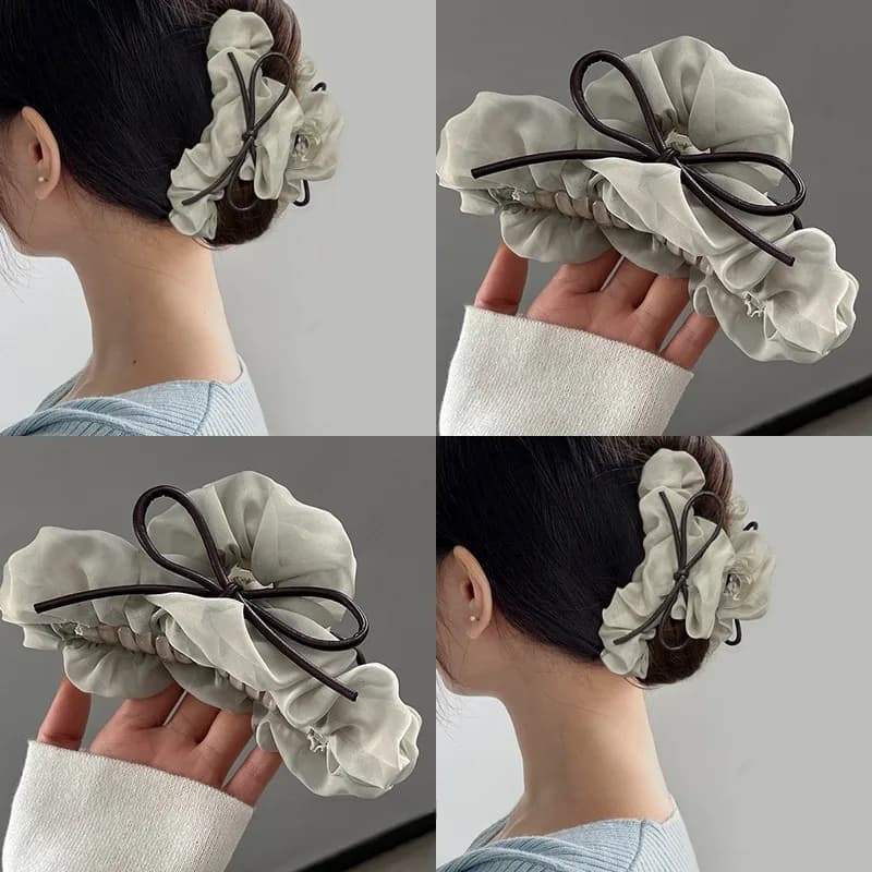 Artigli per capelli in rete da donna con fermagli per granchio bowknot in pelle per ragazze Accessori per fermagli per capelli estivi eleganti Lady Shark Coda di cavallo