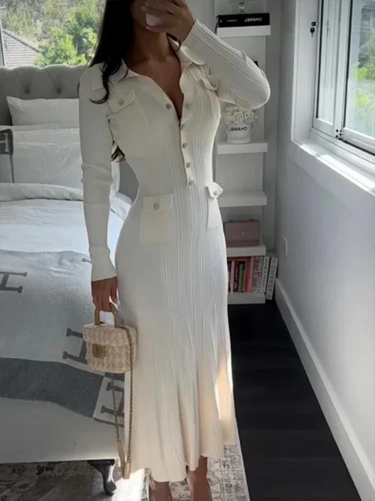 Mermaid Knitted Dress Women Polo-neck Long Sleeves Single Breasted Female Dresses 2025 Autumn Winter Slim Hip Package Lady Robe