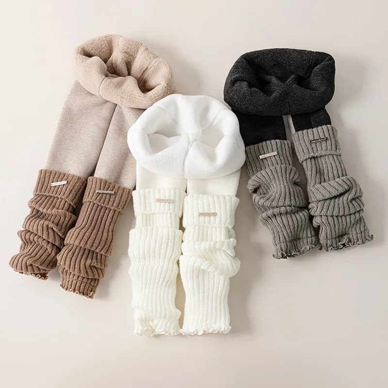 Leggings termici ispessiti per bambini Calzini patchwork foderati in pile lavorato a maglia per ragazze Pantaloni invernali caldi e slouchy 100-155 cm