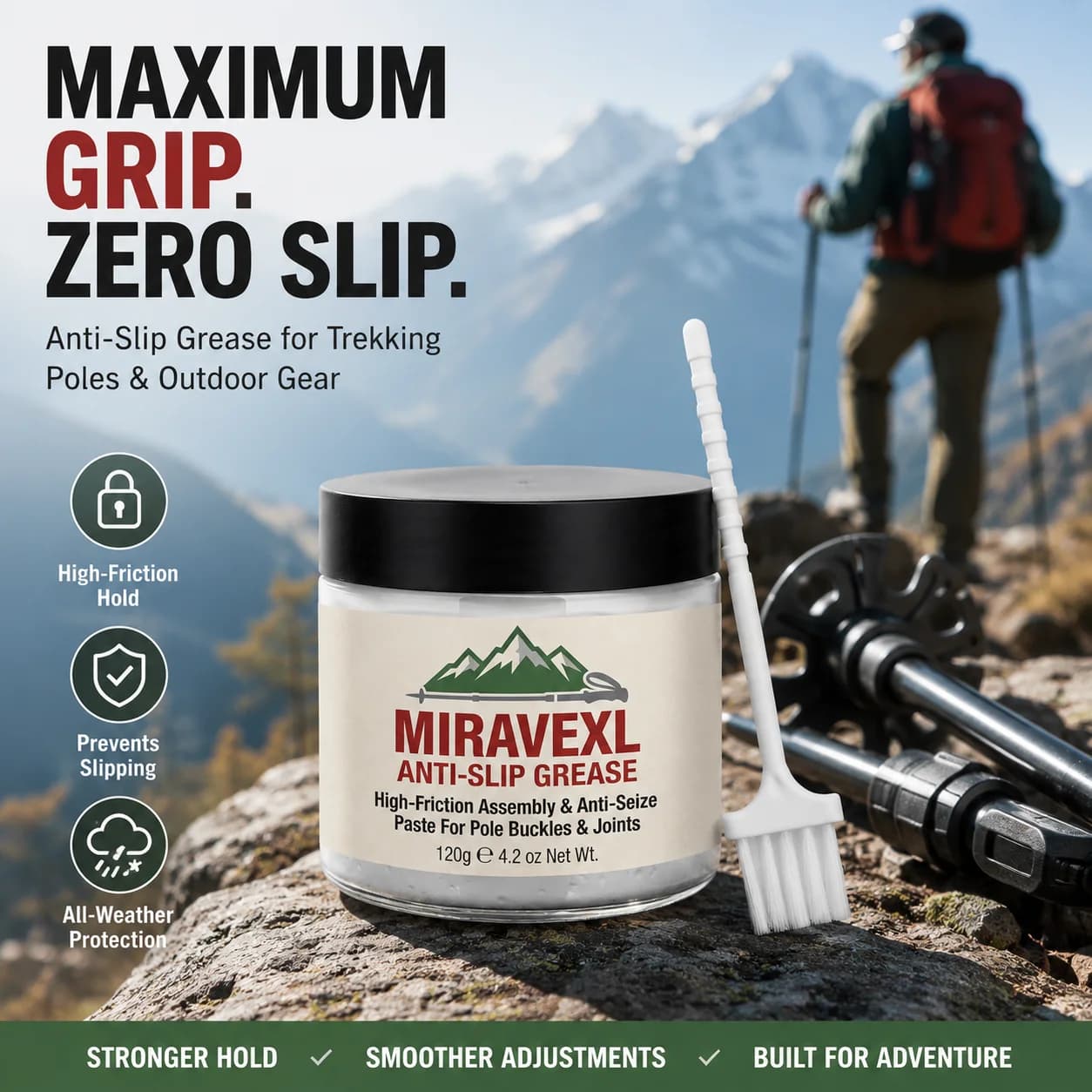 Trekking Pole Anti-Slip Grease for Lock & Telescopic Joint, Anti-Stick Lubricant Paste with Brush, Outdoor Hiking Maintenance