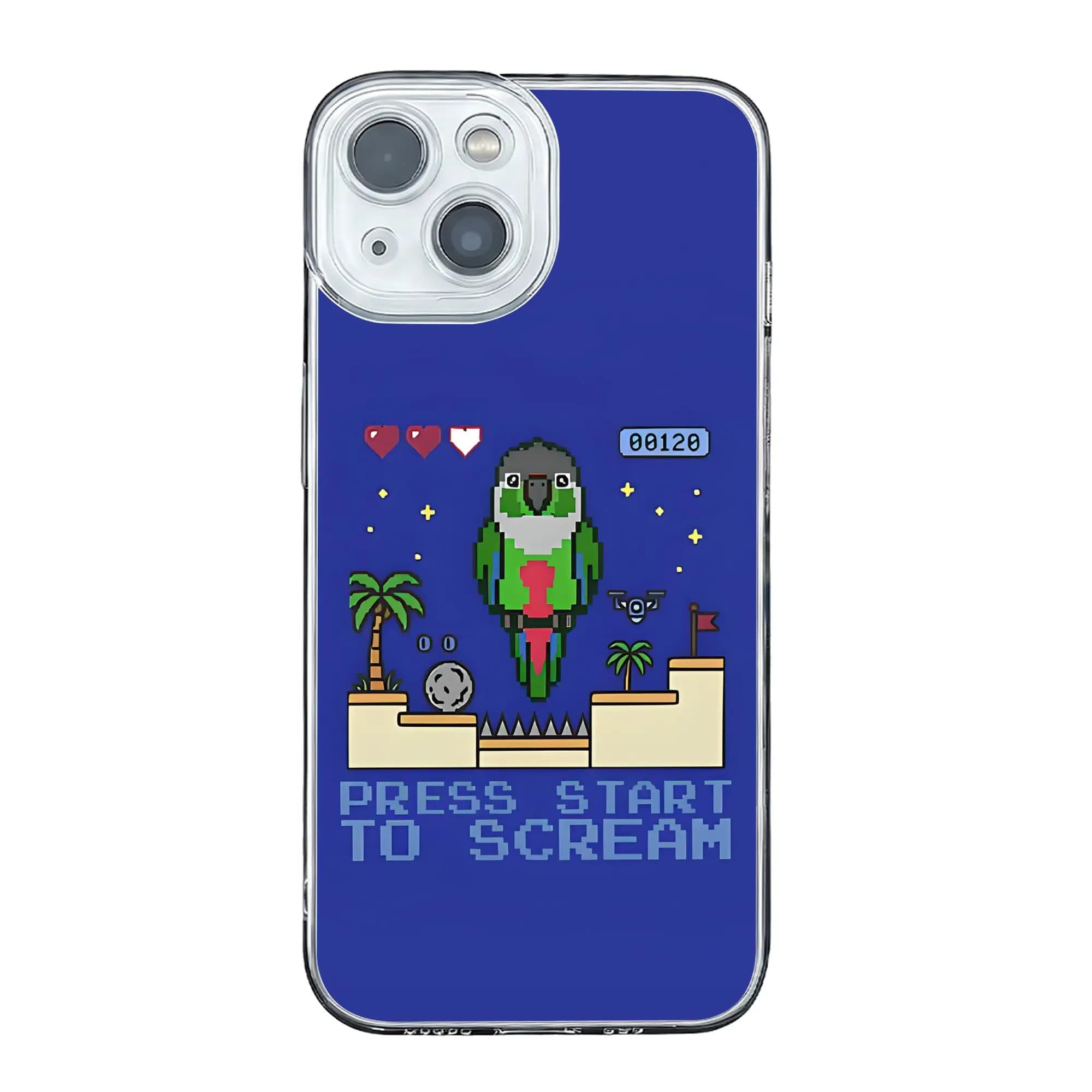 Cover per iPhone 17 16 15 14 13 12 11 Pro Max con design Video Game Press Start To Scream Green Cheeked Conure Pixel Nerd