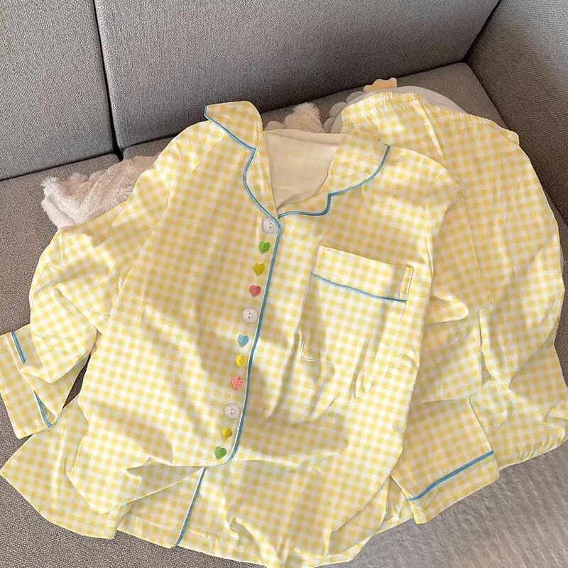 vestiti per la casa primaverili e autunnali a quadretti giallo latte kawaii per ragazze, nuovo pigiama a maniche lunghe dolce e amorevole set da due pezzi