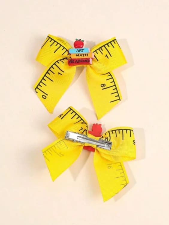 Bright Yellow Ruler Pattern Grosgrain Ribbon Bow Hairpin, Cartoon Red Apple Art Math Reading Book Ornament Hair Clips, Kids Classroom Party Outfit Matching