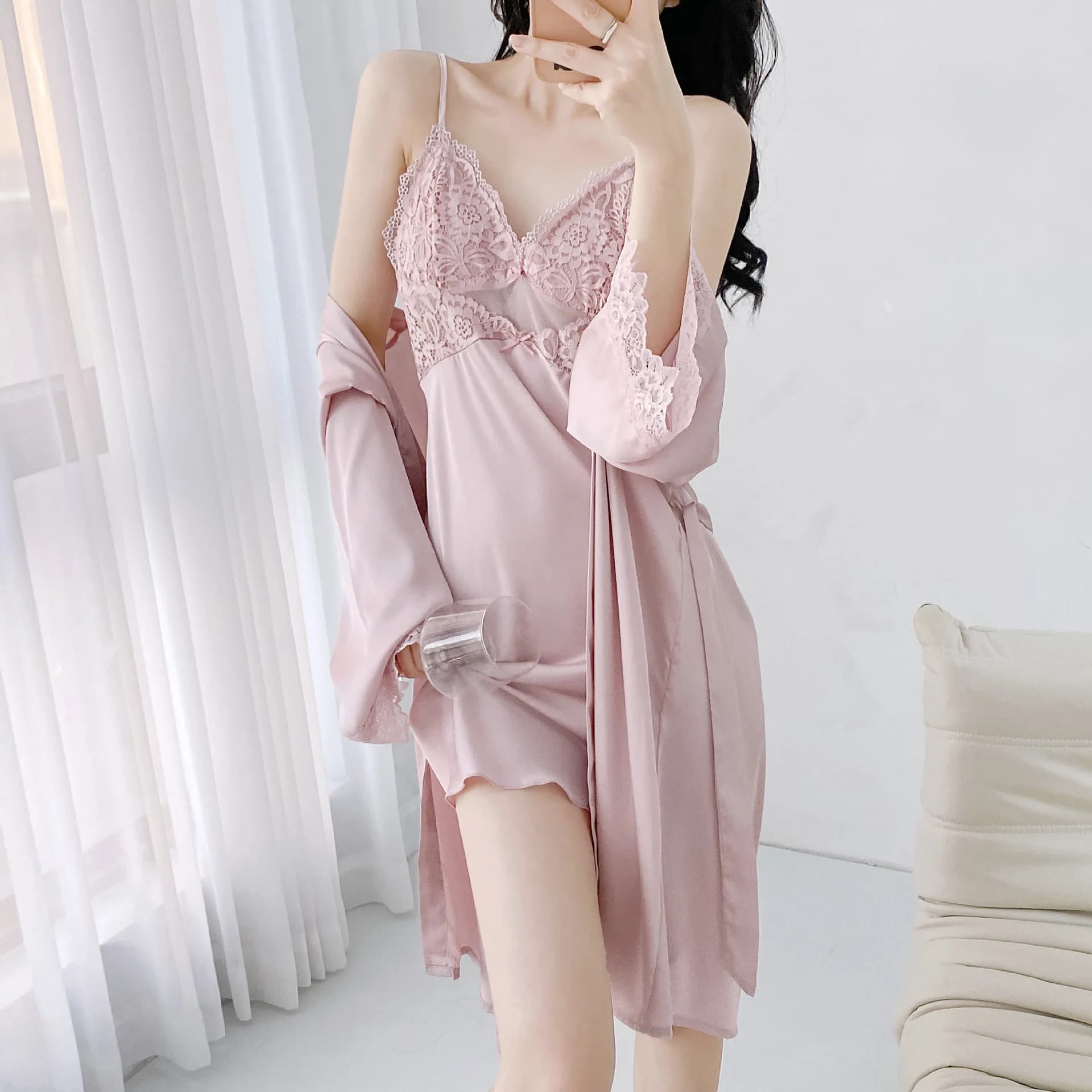 Indumenti da notte da donna Abito camicia da notte Abito sexy in pizzo Due pezzi Accappatoio Set Estate Kimono in raso Abito da notte Pigiama