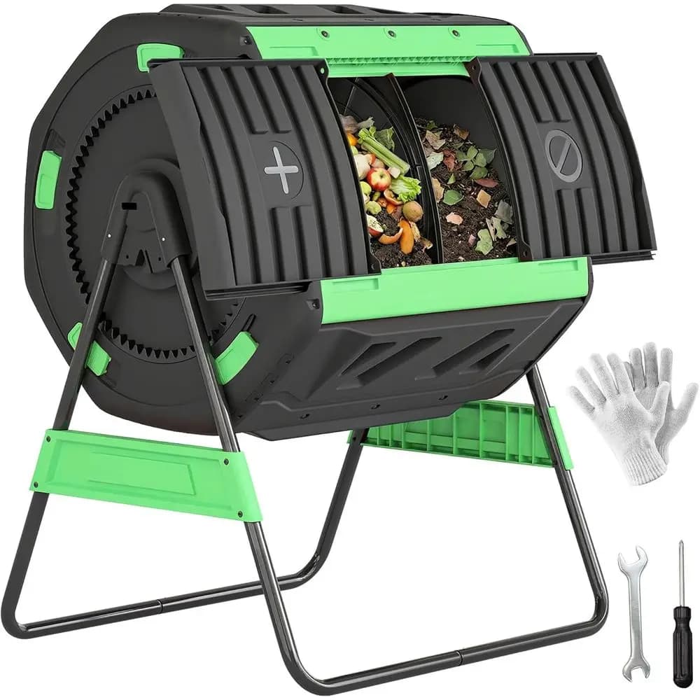 Compostiera da Esterno a Doppia Camera da 53 Galloni con 8 Prese d'Aria e Design Rotante per Rifiuti di Cucina e Giardino