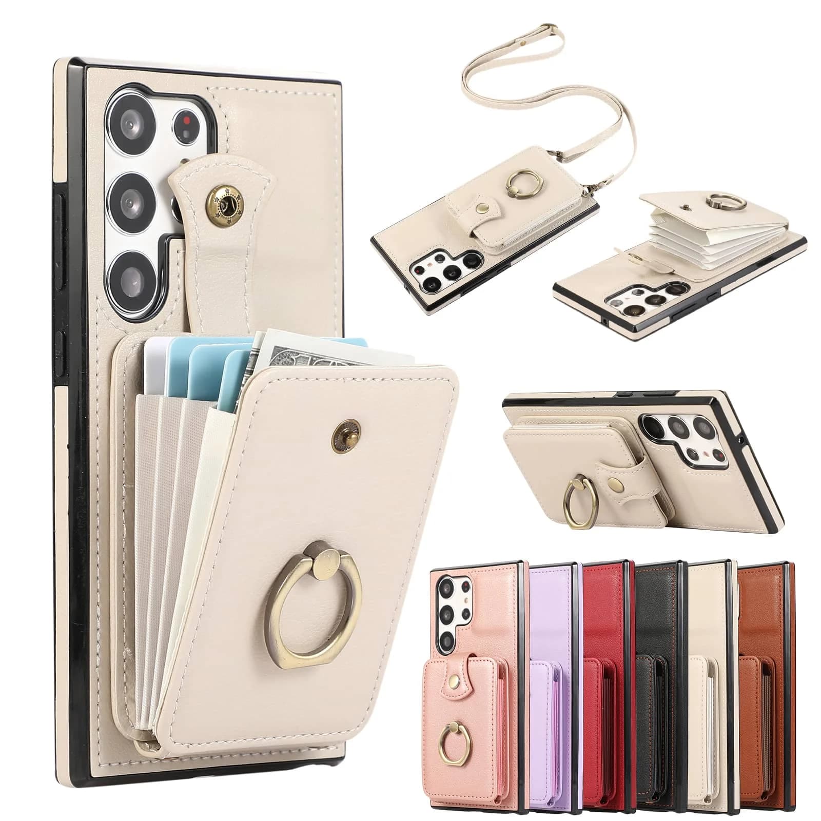 Per Samsung Galaxy S24/S23 Ultra/S24 FE/S23 Plus Custodia a portafoglio con porta carte, 360 ° Supporto per anello da dito con rotazione, blocco RFID