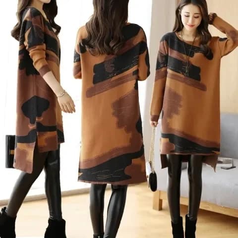 Fashion Slimming Mid-Length Dress 2023 Autumn Winter New Style Women's Dress Korean Style round Neck A-Line Skirt Long Sleeve