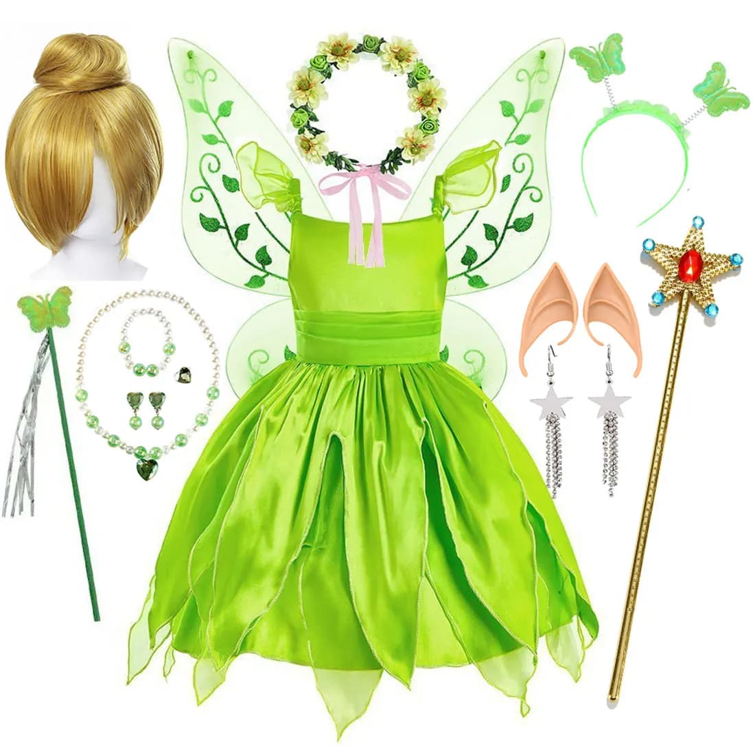 Costume da Fata Elfo Verde Disney Ragnarok 2026 per Ragazze, Abito Cosplay al Ginocchio con Ali e Accessori