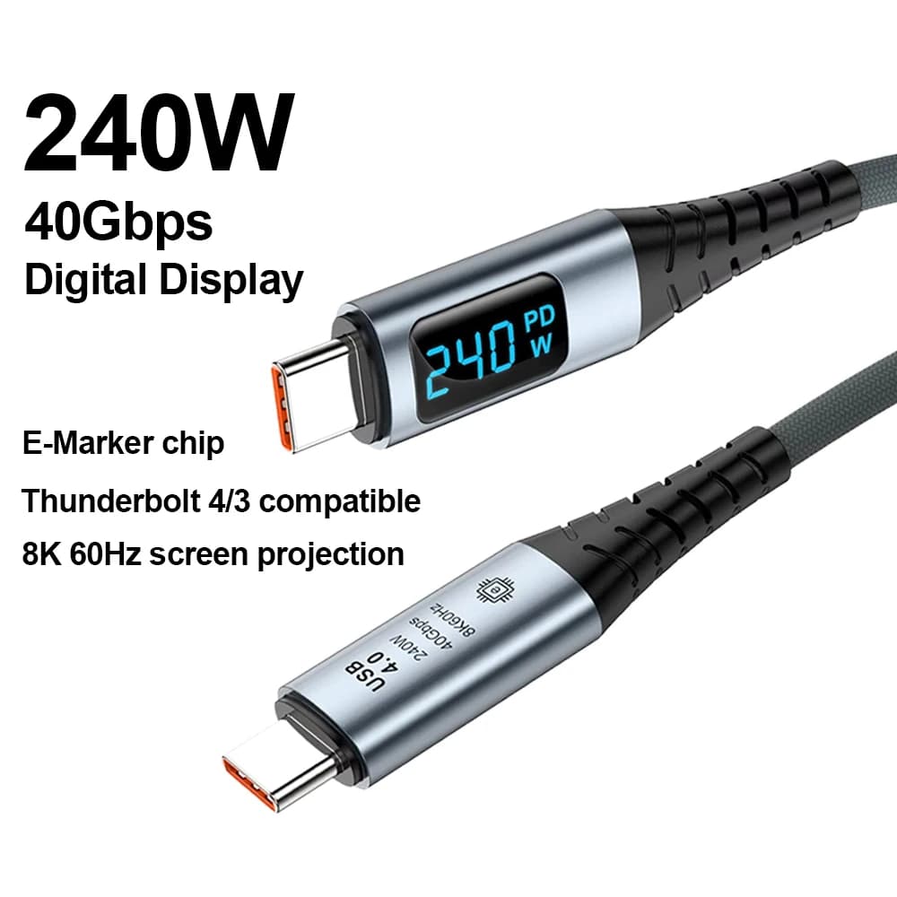 Cavo Dati USB4 da 240W con Display Digitale, 40Gbps 8K 60Hz, Tipo C Thunderbolt 4, Cavo di Ricarica Rapida per iPhone 15 16 17, Laptop, MacBook