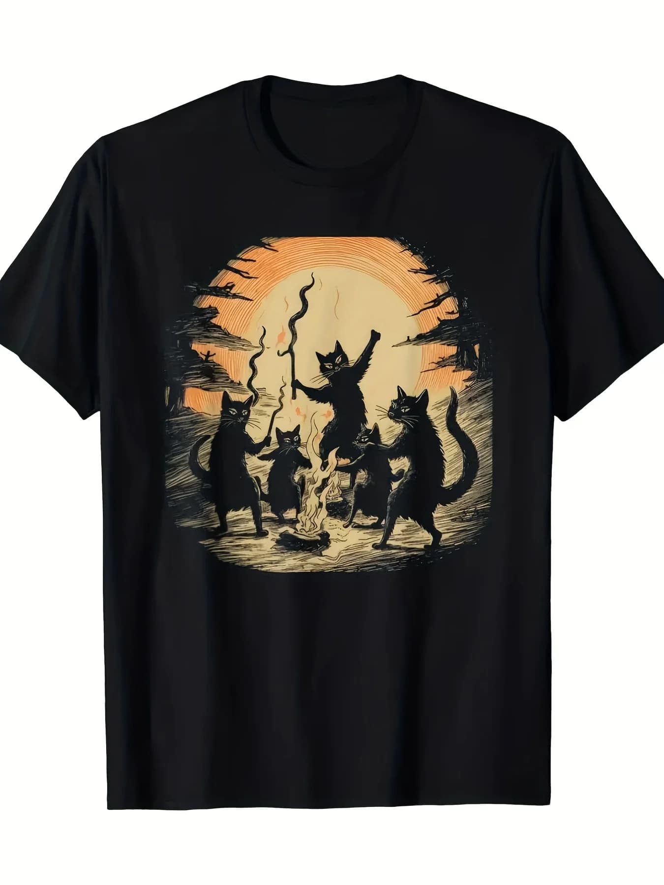 A Humorous Black T-Shirt Featuring a Playful Design of a Black Cat Dancing Around Bonfires, Perfect for Halloween and Casual Wear Made from Soft Material, This Comfortable Short-Sleeved Tee Is Machine Washable and Makes a Unique Gift for Sports Fans.