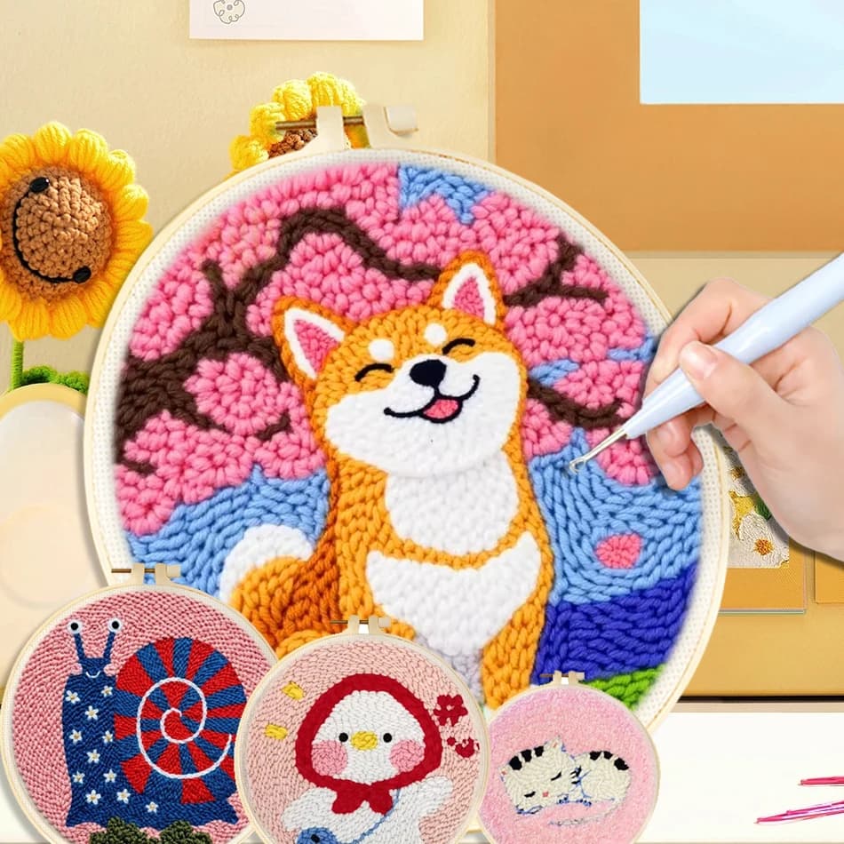 Punch Needle Starter Kits Dog Cute Animal Pattern Punch Needle with Hoop Embroidery Craft Kit for Adults DIY Gift