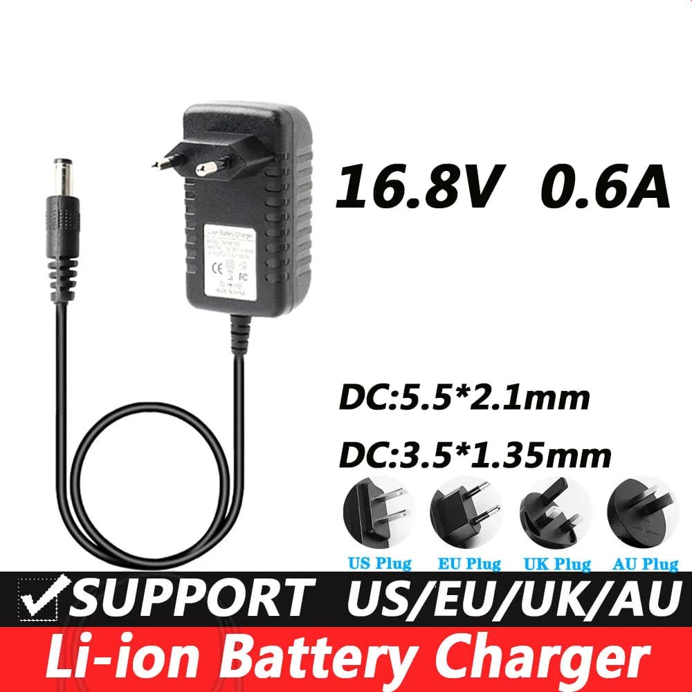 Caricatore agli ioni di litio CA 110-240 V CC 16,8 V 0,6 A CC per batteria al litio 18650 Pistola per massaggio con pistola a fascia 5,5 * 2,1 mm / 3,5 * 1,35 mm