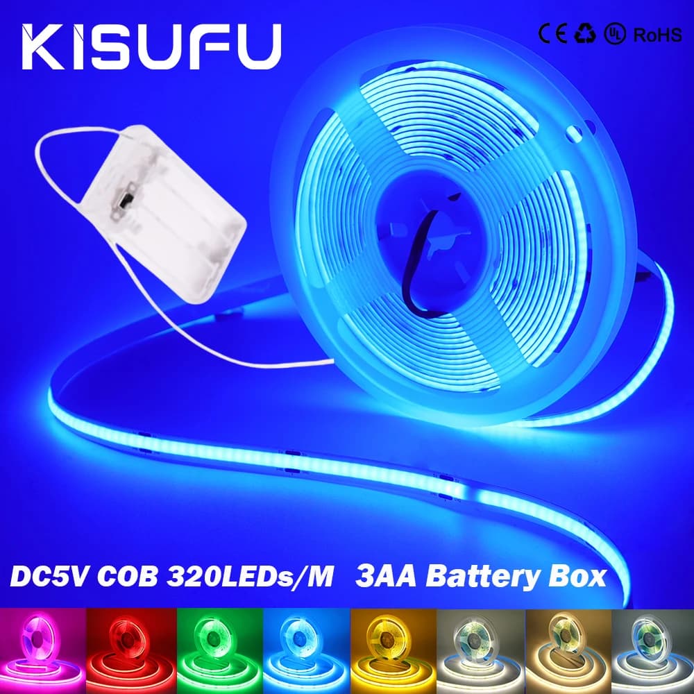 DC5V COB HA CONDOTTO LA Luce di Striscia 3AA Alimentato A Batteria 8 millimetri PCB 320 LED/m Bianco Verde Blu Rosa RA90 Nastro Adesivo Flessibile Decorazione Della Stanza FAI DA TE
