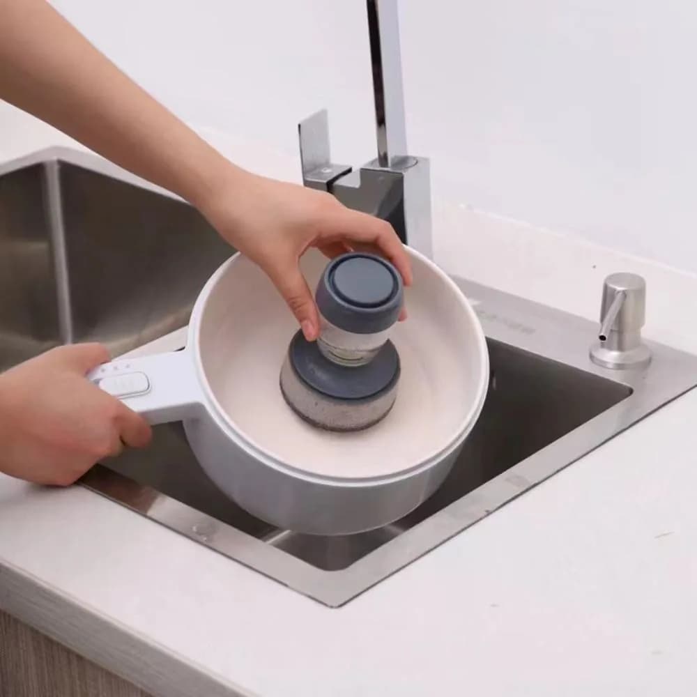 Spazzola per Lavaggio Piatti con Dispenser di Sapone, Testa Sostituibile e Rimovibile, Colore Grigio