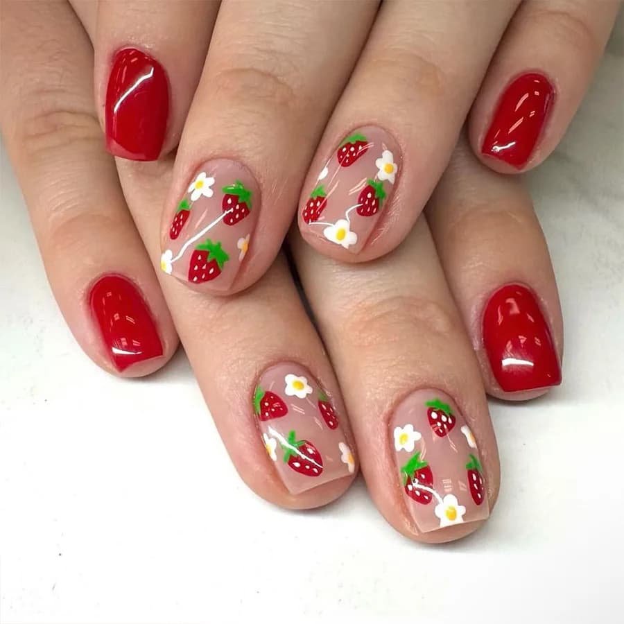 24 Pezzi Unghie Finte Quadrate Corte a Pressione Effetto Balletto, Estive, con Motivo Fragola, Occhio di Gatto, Sfumato, Pois e Perle, per Ragazze, Rimovibili, per Nail Art
