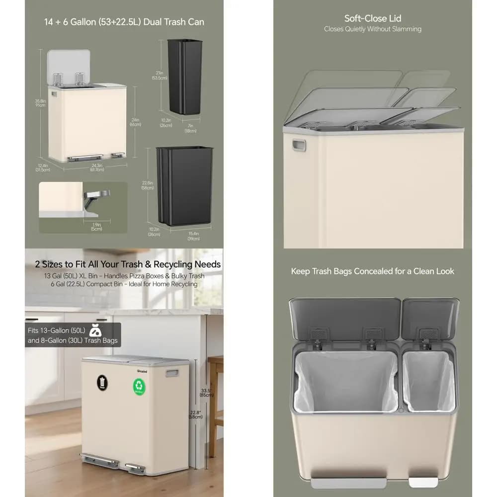 Bidoni Doppi per Rifiuti e Riciclo per Cucina, Set di Bidoni per Rifiuti e Riciclo in Acciaio Inox da 13+6 Galloni o per Famiglie Numerose, Bidone Doppio per Rifiuti