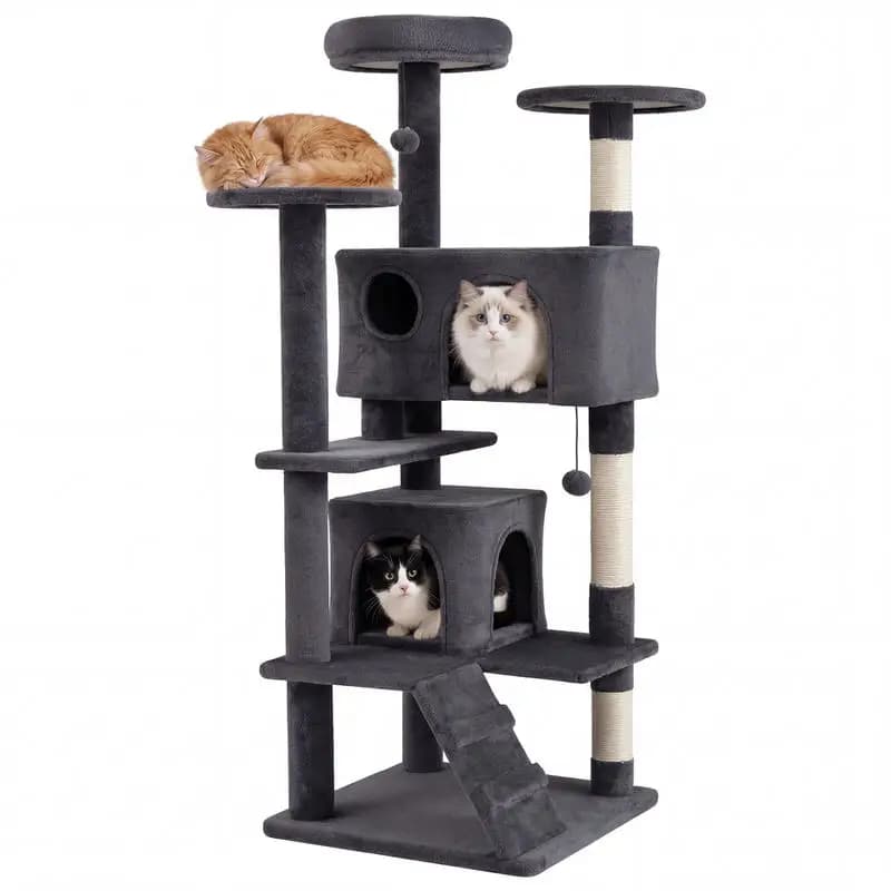 52 Inch Multi-Level Cat Tree Tower, Natural Sisal Scratching Posts, Double Condos And Dangling Balls, For Indoor Climbing Playing Lounging, Dark Gray