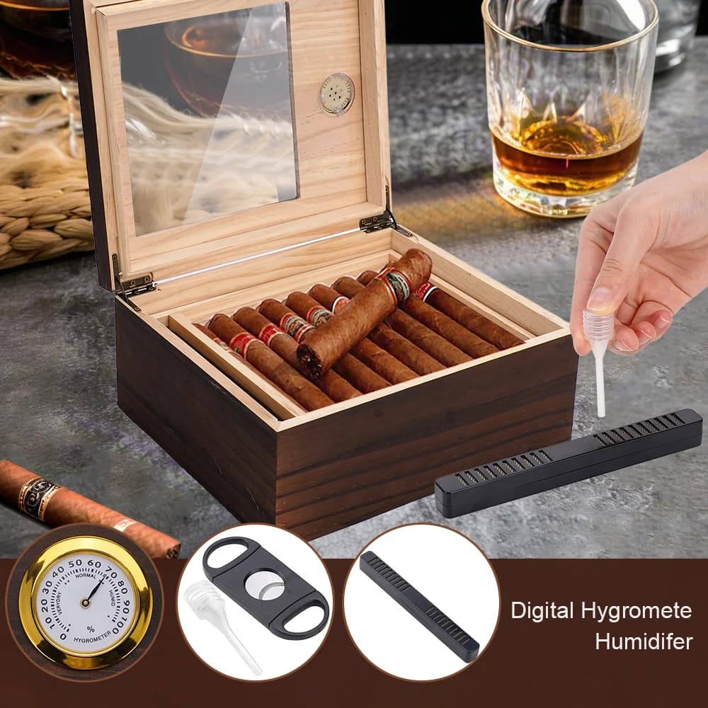 Cigar Wooden Humidor Glass Top with Hygrometer Divider Cigar-specific box Household Wood Storage Case Holds 20-50 Cigars