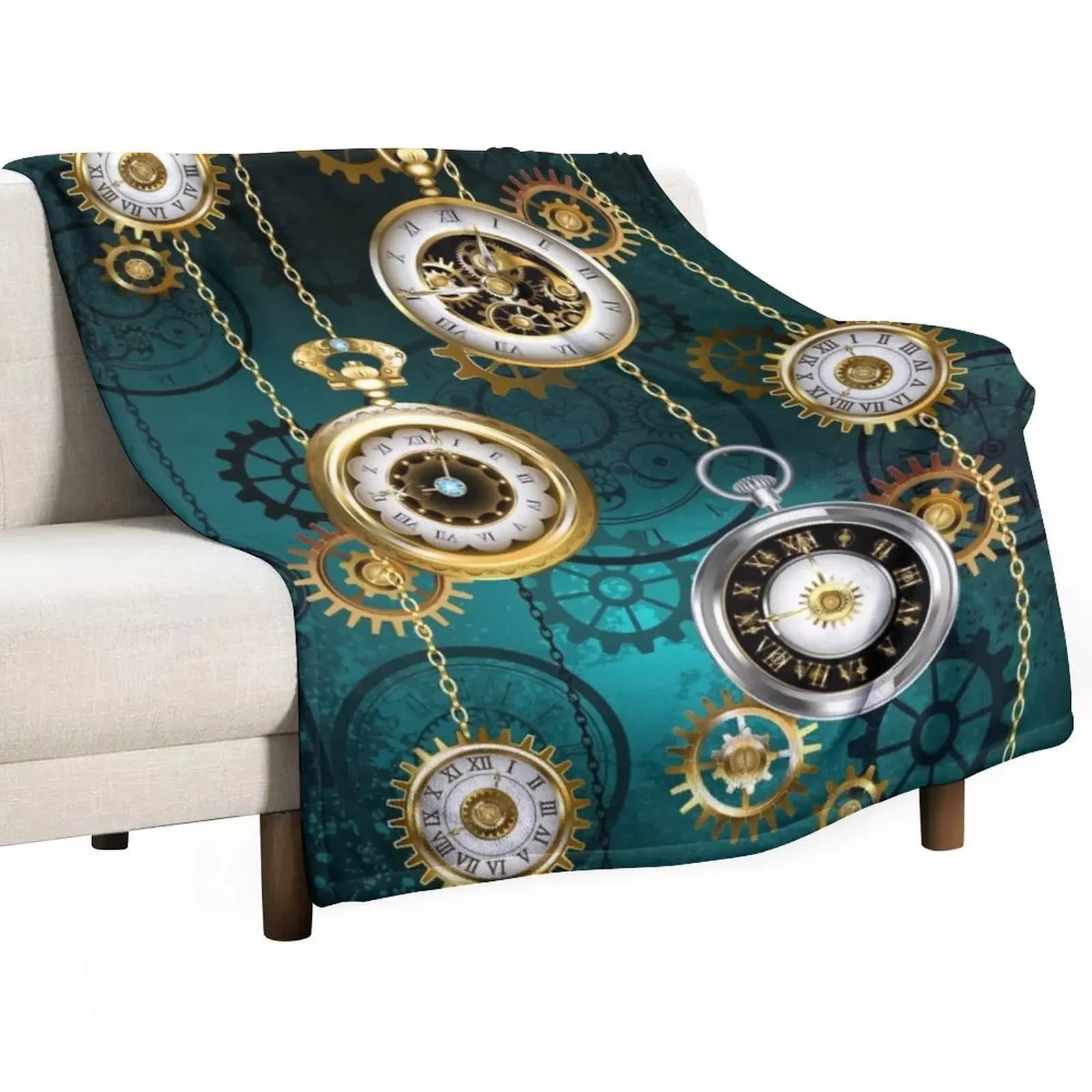 Orologio Steampunk con catene su sfondo verde coperta coperta per divano coperta decorativa per divano